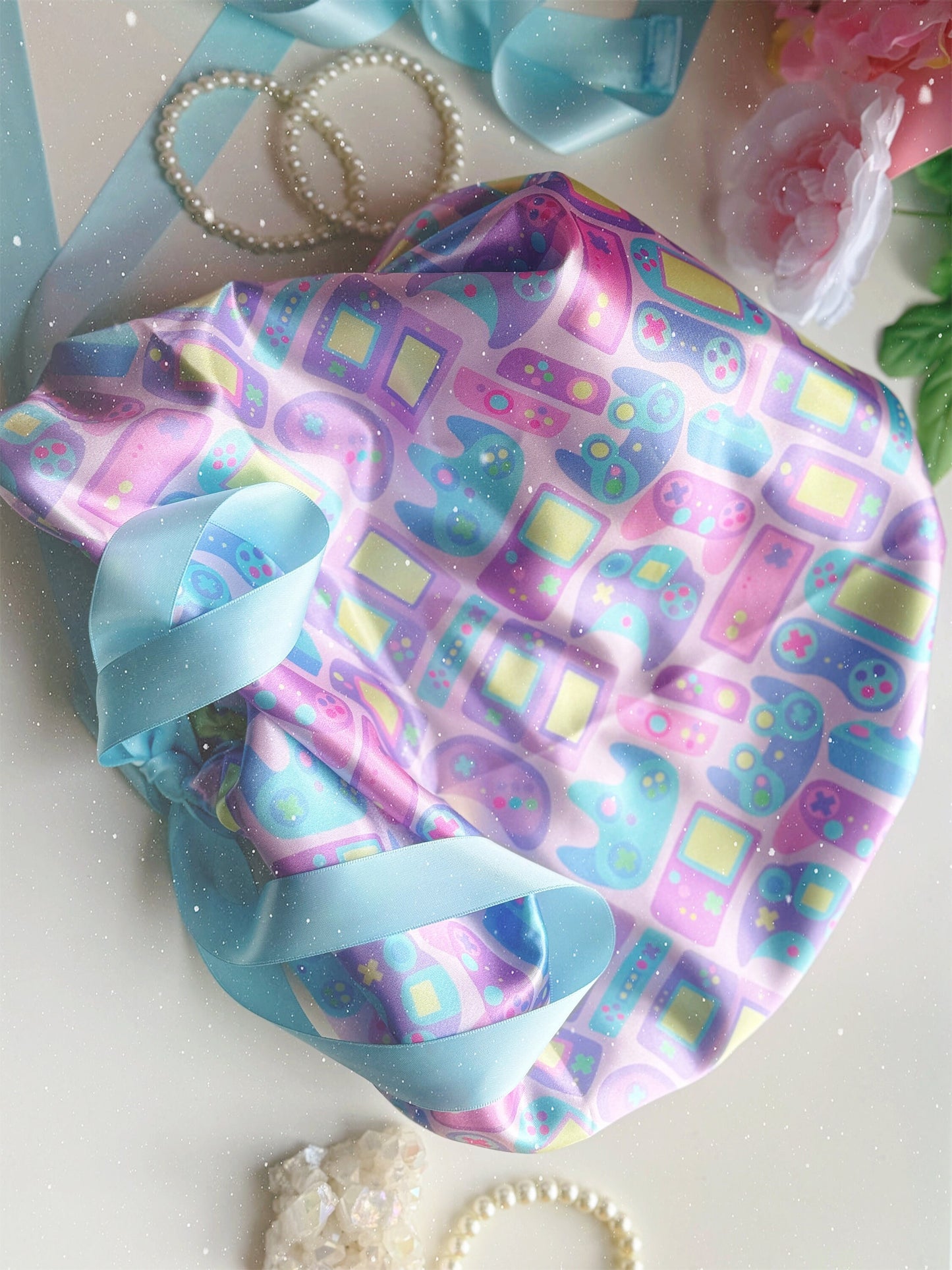 Satin Bonnet: Pastel Gamer with Baby Blue Lining, 1in Satin Ribbon and Elastic